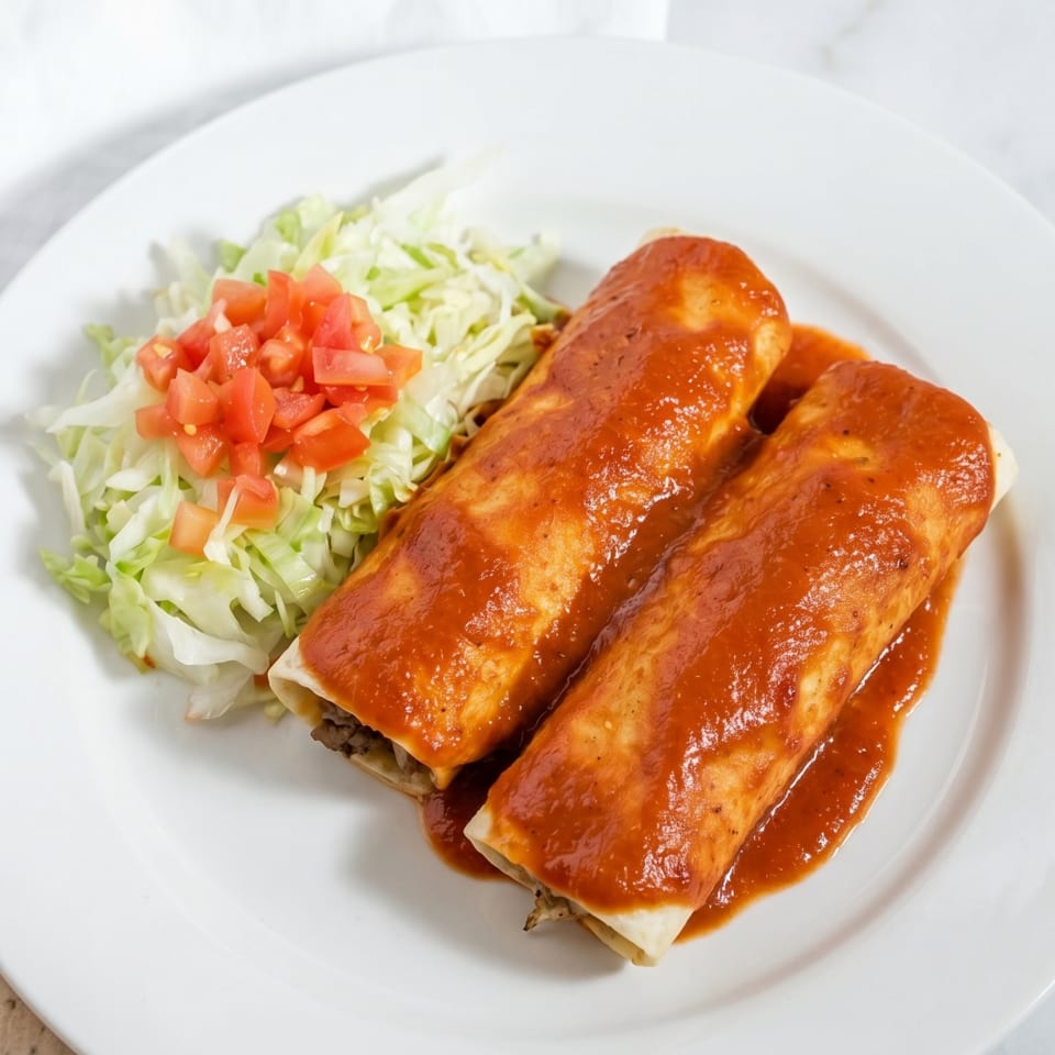 Two enchiladas covered in red sauce, with a side of shredded lettuce and diced tomatoes.