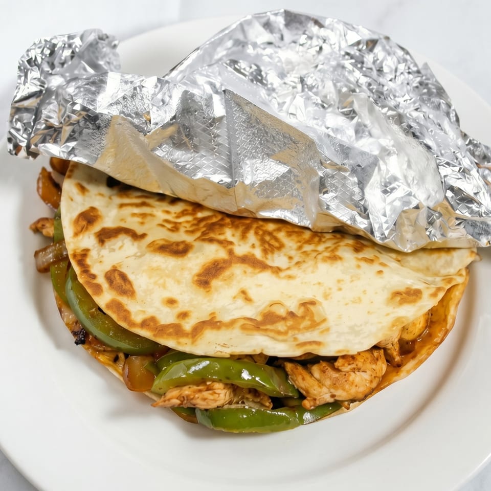 Chicken fajita quesadilla with green peppers and onions, partially wrapped in foil on a white plate.