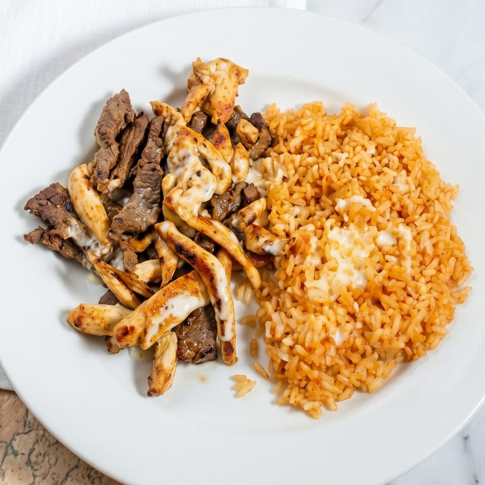 A white plate with grilled chicken and steak strips, and a side of orange rice.